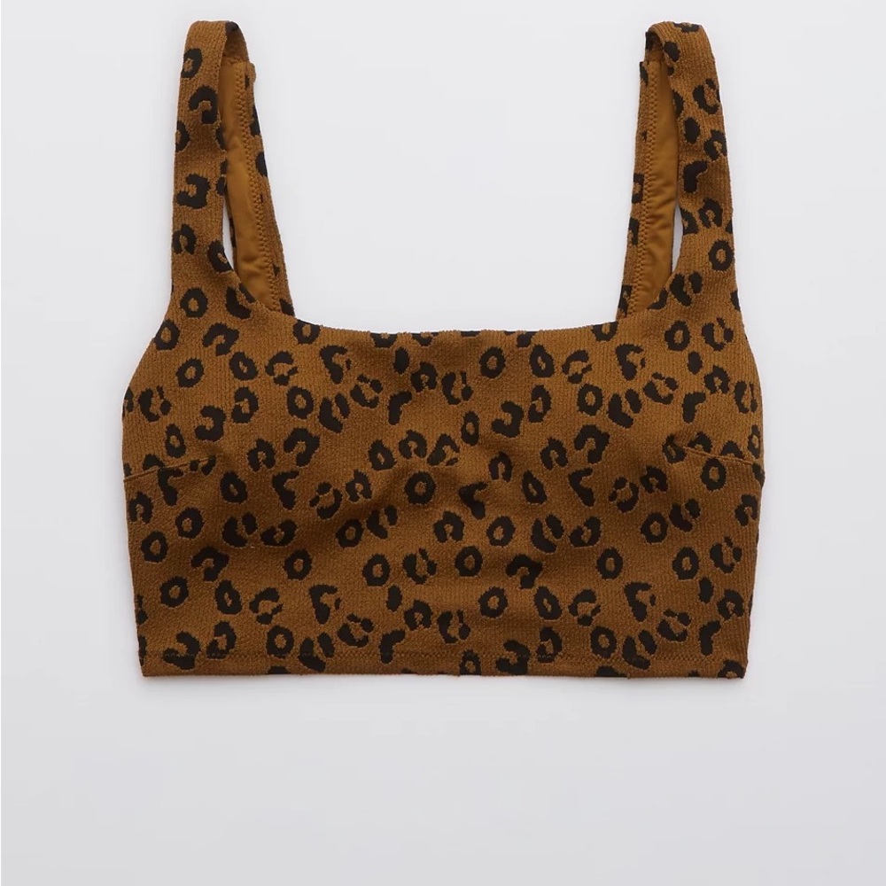 AERIE Leopard Textured Longline Scoop Bikini Top Tree Line Padded Womens Small